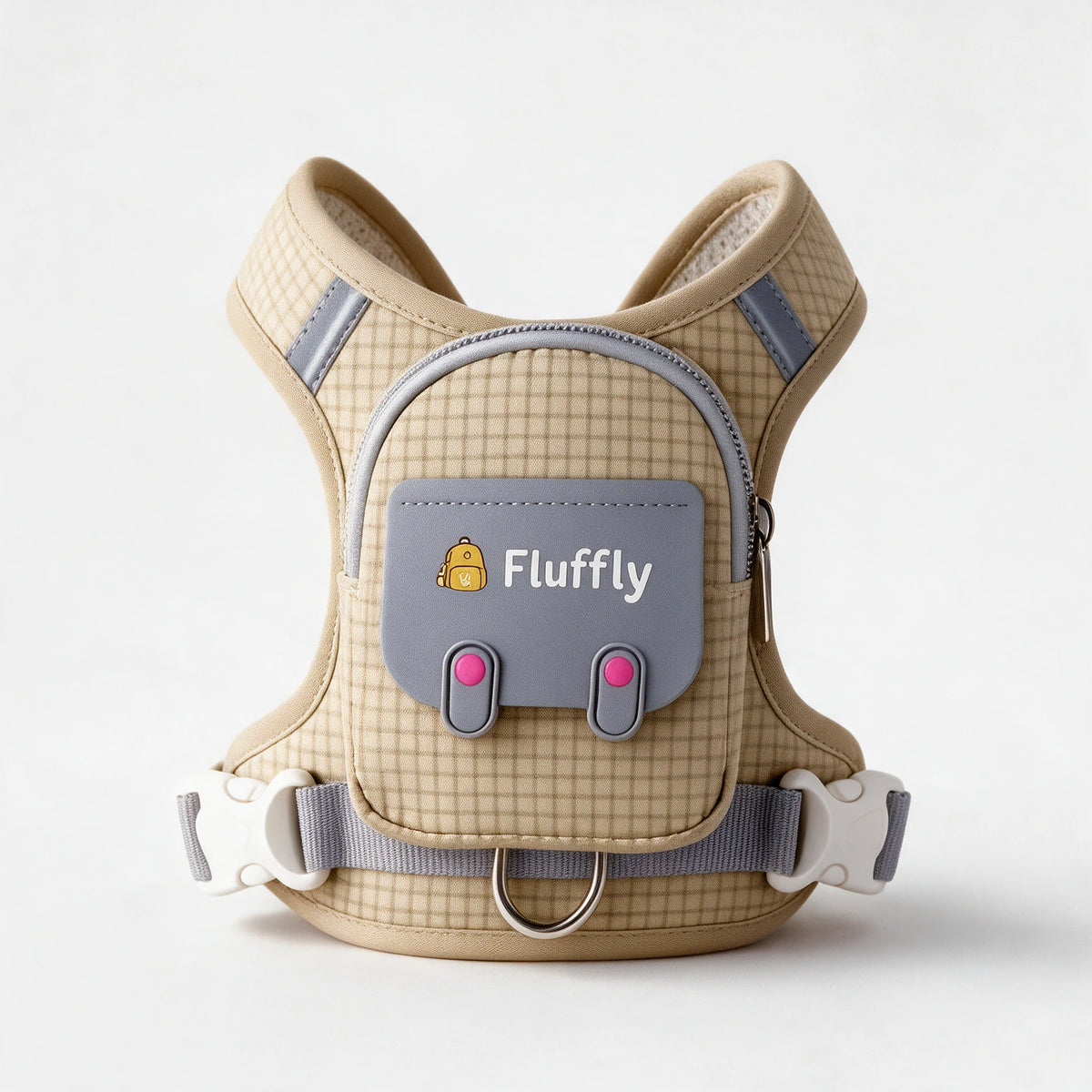 Arnés mochila Fluffly beige con bolsillo con cremallera