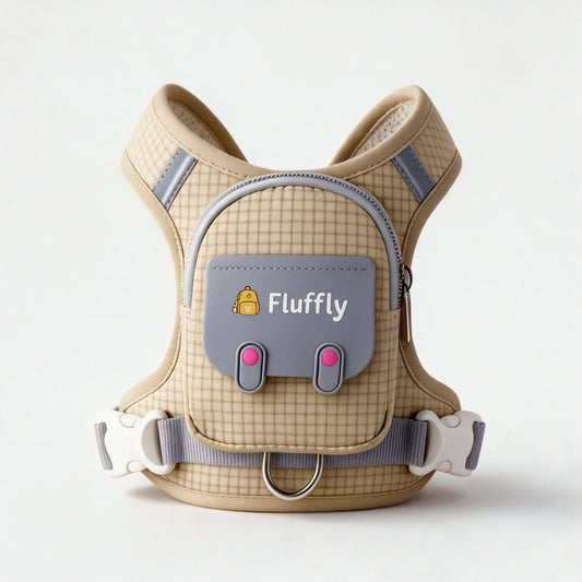 Arnés mochila Fluffly beige con bolsillo con cremallera