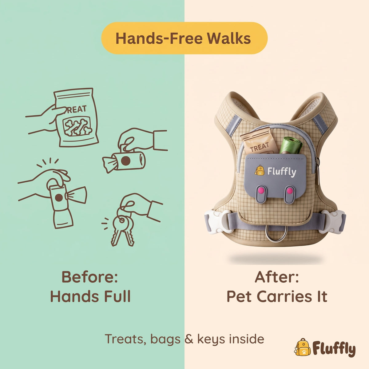 Hands-free walks: your pet carries treats and poop bags